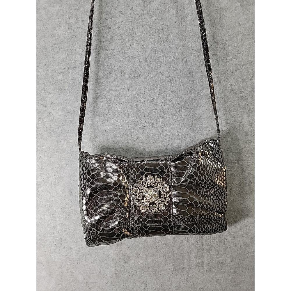 IMAN Evening Bag Purse Rhinestones Removable Strap Silver Metallic Snake Print